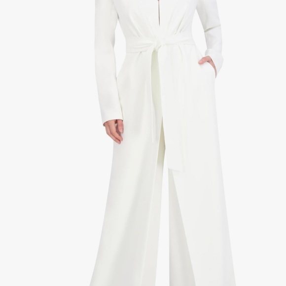 BCBGMAXAZRIA Long Sleeve Wide Leg  V Neck Jumpsuit White Ivory - Picture 9 of 9